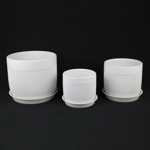 3-Piece White Stoneware Planter Pot Set with Vertical Line Texture