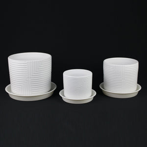 3-Piece White Stoneware Planter Set with Geometric Line Design