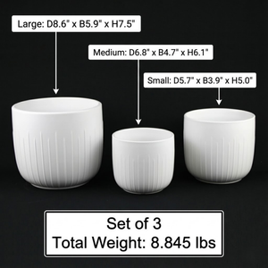 3-Piece White Stoneware Planter Pot Set with Vertical Groove Texture