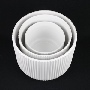 3-Piece White Stoneware Planter Pot Set with Ribbed Texture